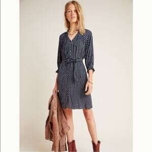 Anthropologie Maeve Sara Smocked Shirtdress Sz S blue white plaid grid